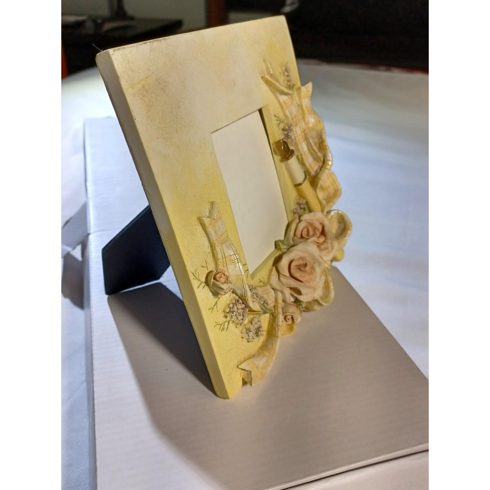 Yellow Roses Picture Frame 2.5x3.5 Resin Floral Ribbon Tabletop Photo Decor
